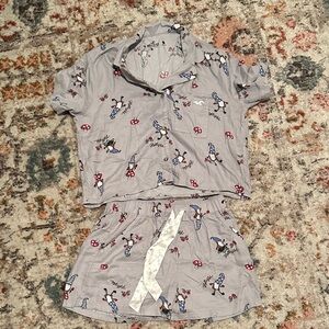 Hollister Gray Short Pajama Set with Red Mushroom & Blue Character Print